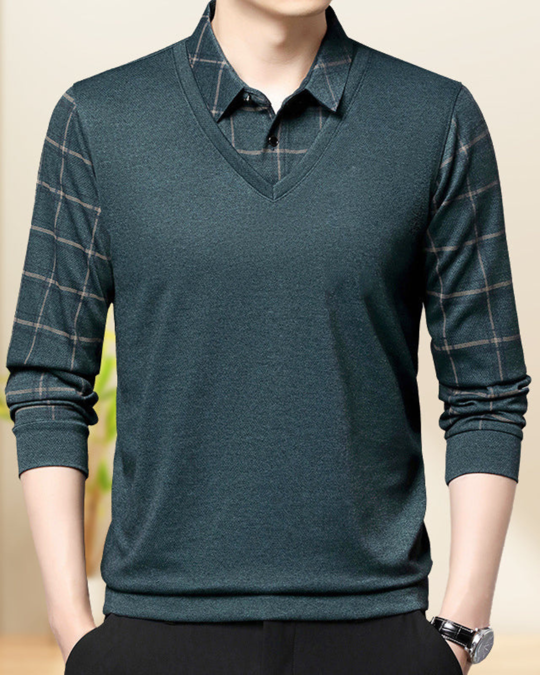 Camisa de Hombre con Diseño de Cuello en V y Mangas de Cuadros