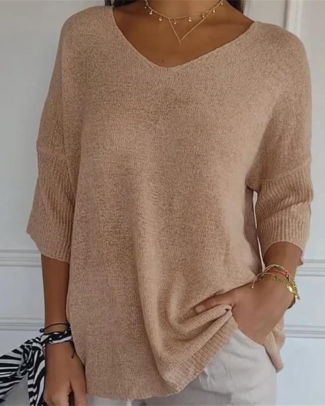 Blusa de Punto Ligera con Cuello en V y Manga Francesa para Mujer