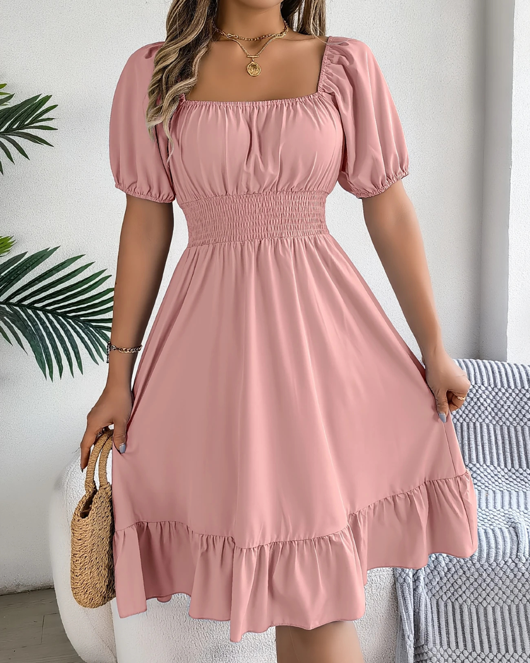 Vestido Elegante con Mangas Abullonadas y Escote Cuadrado