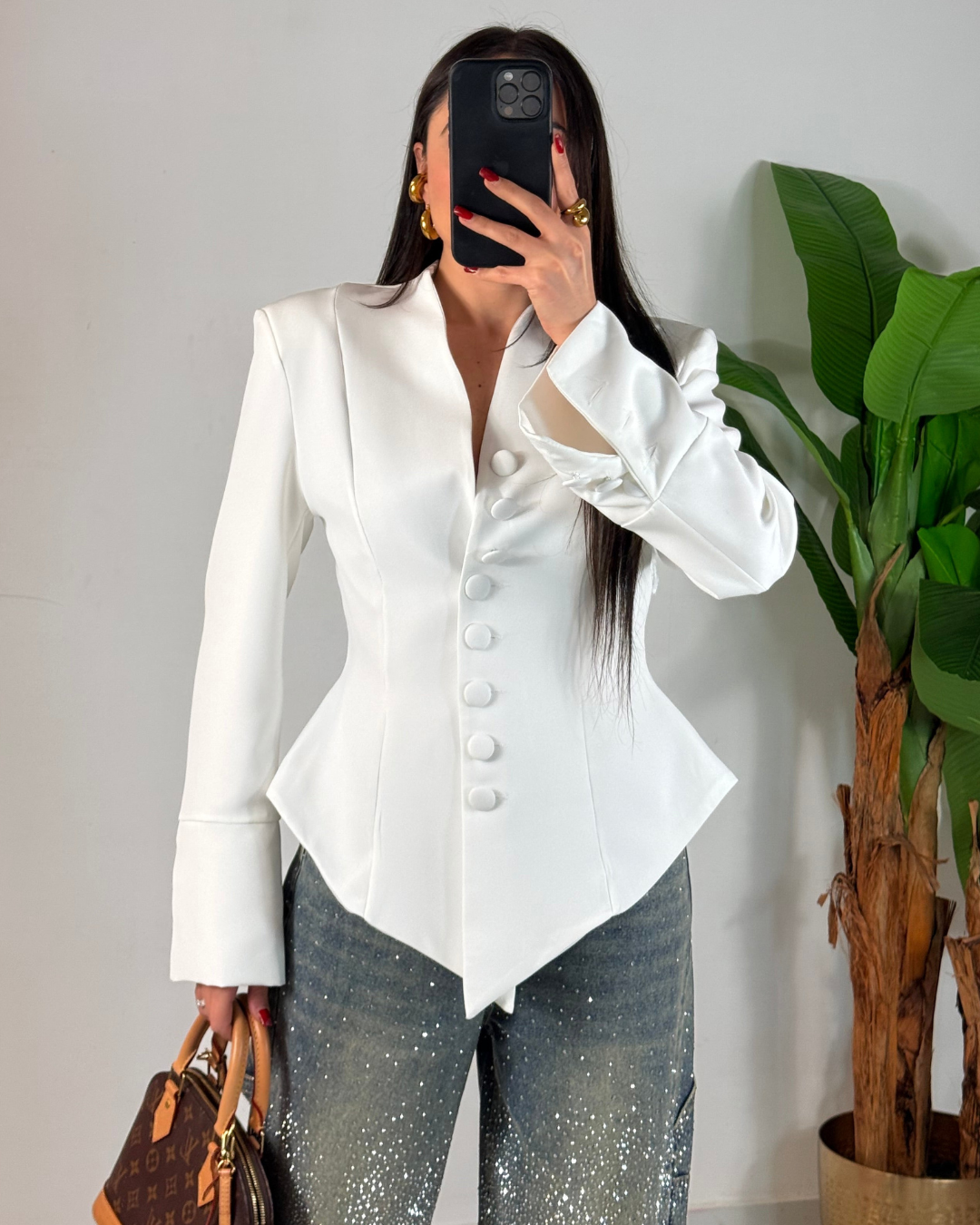 Blazer Elegante de Mujer con Escote en V y Botones Forrados Entallado Moderno