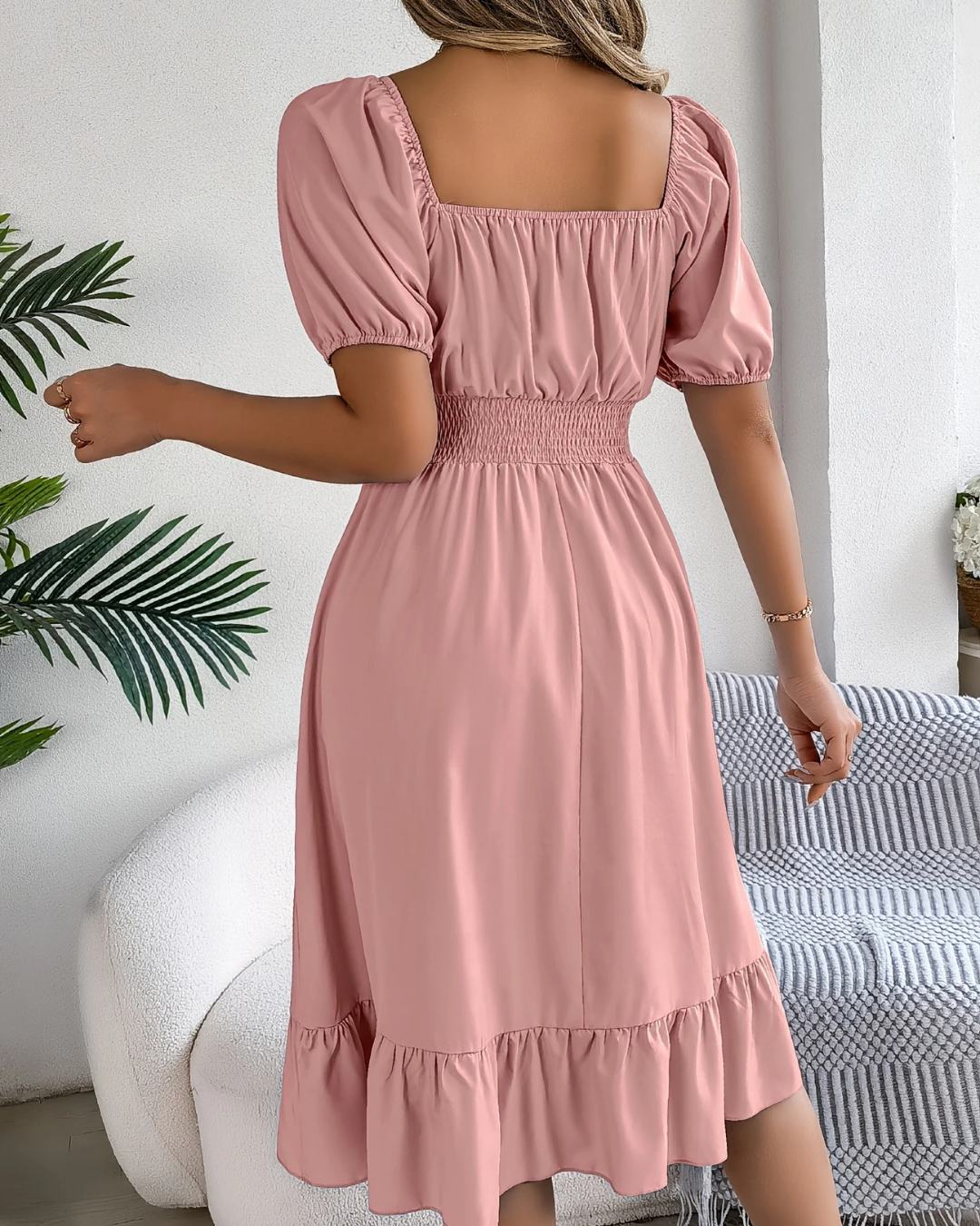 Vestido Elegante con Mangas Abullonadas y Escote Cuadrado