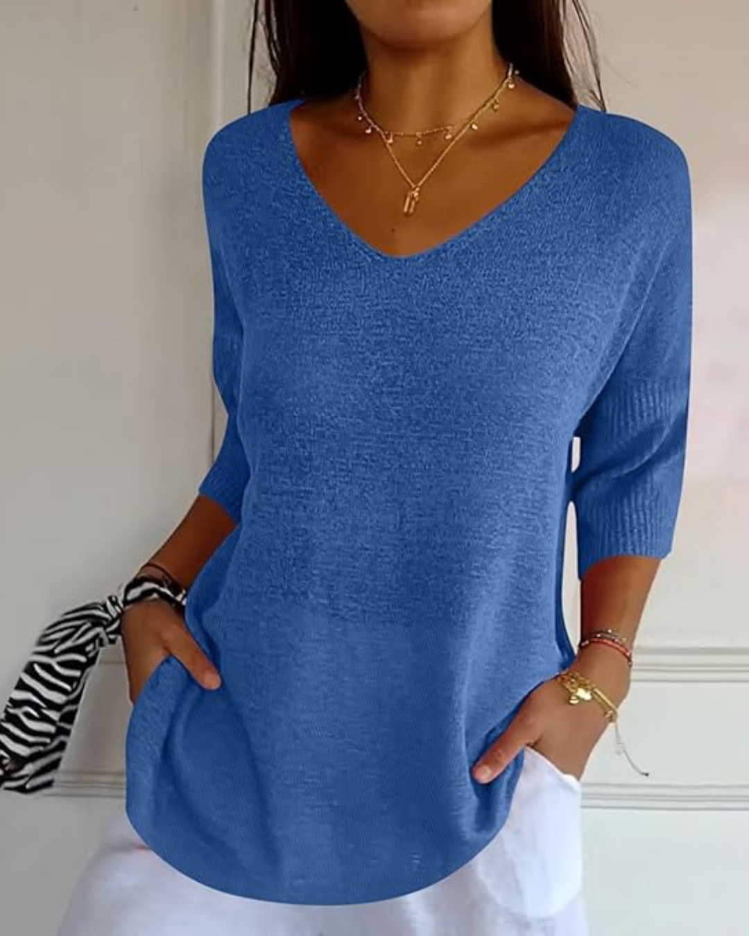 Blusa de Punto Ligera con Cuello en V y Manga Francesa para Mujer