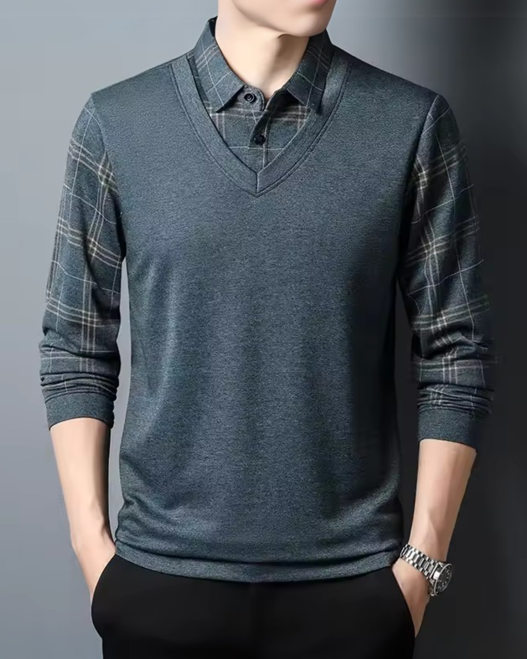 Camisa de Hombre con Diseño de Cuello en V y Mangas de Cuadros