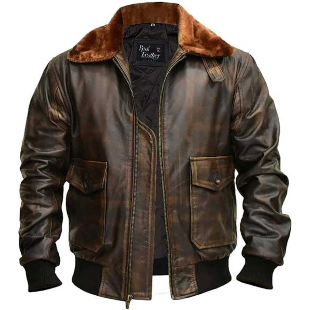Chaqueta de Cuero Estilo Aviador para Hombre con Cuello Felpa