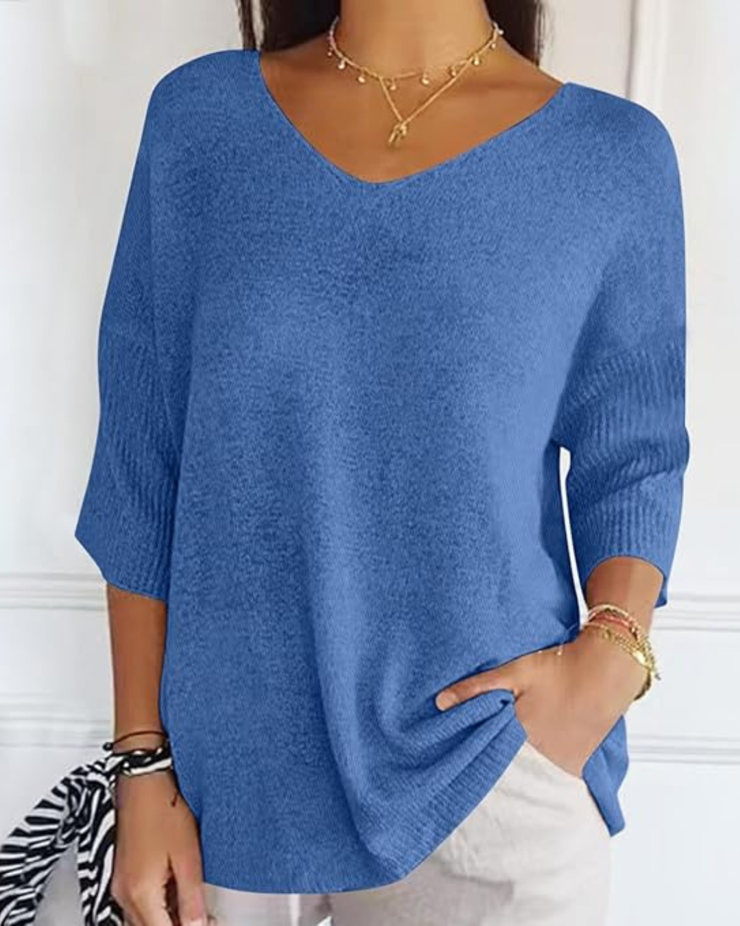 Blusa de Punto Ligera con Cuello en V y Manga Francesa para Mujer
