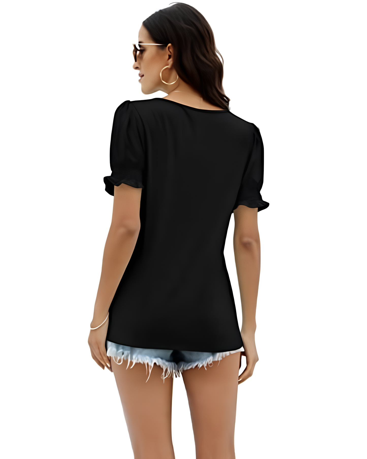 Camiseta Casual de Mujer con Cuello Cuadrado y Manga Fruncida