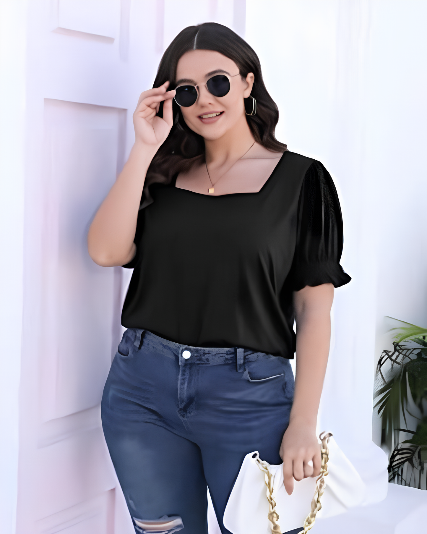 Camiseta Casual de Mujer con Cuello Cuadrado y Manga Fruncida