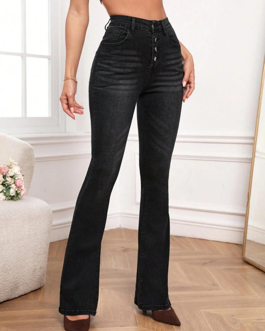 Pantalón Acampanado de Talle Alto con Bolsillos para Mujer