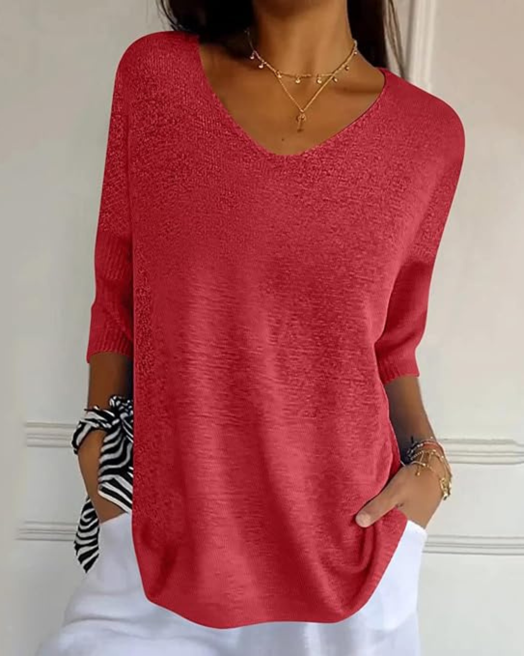 Blusa de Punto Ligera con Cuello en V y Manga Francesa para Mujer