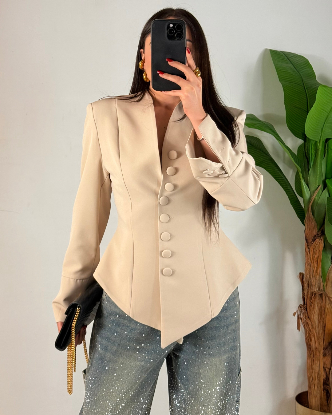 Blazer Elegante de Mujer con Escote en V y Botones Forrados Entallado Moderno