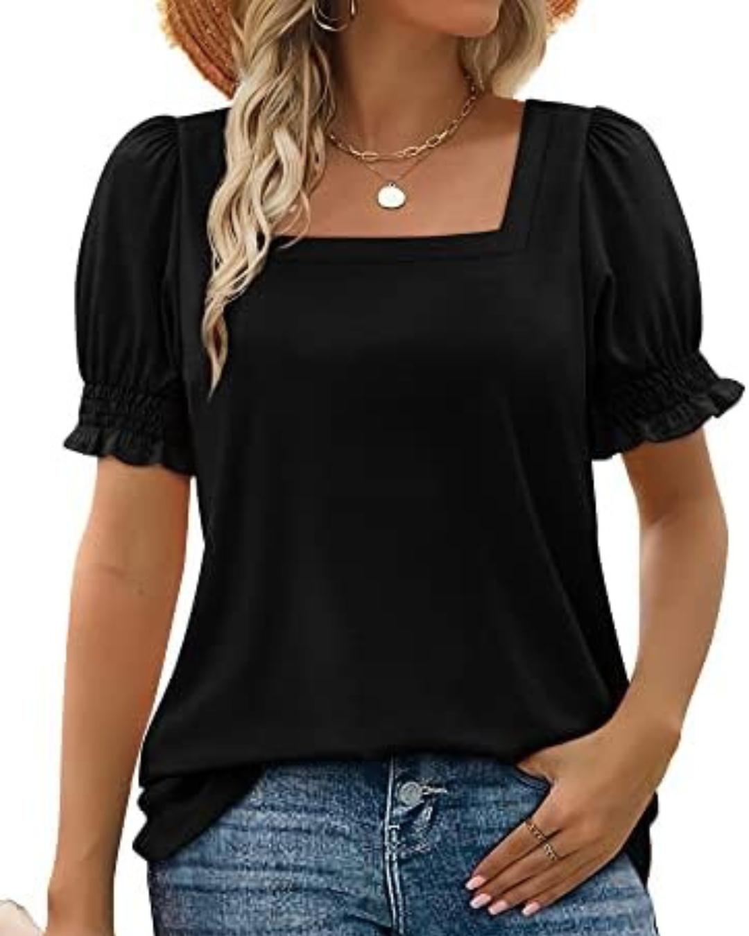 Camiseta Casual de Mujer con Cuello Cuadrado y Manga Fruncida