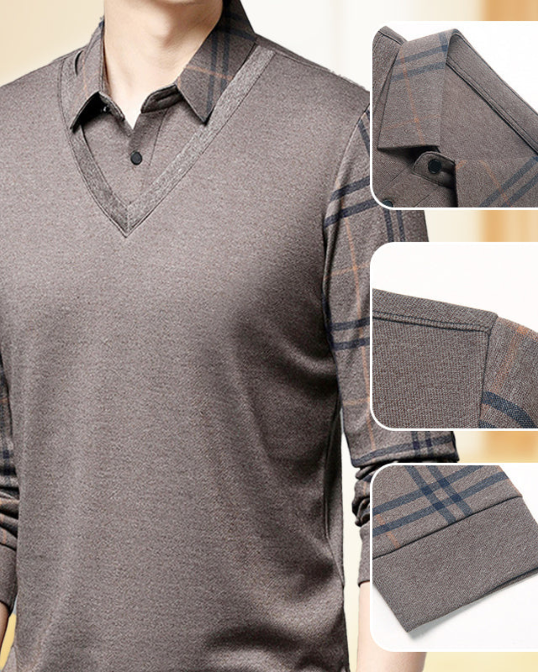 Camisa de Hombre con Diseño de Cuello en V y Mangas de Cuadros
