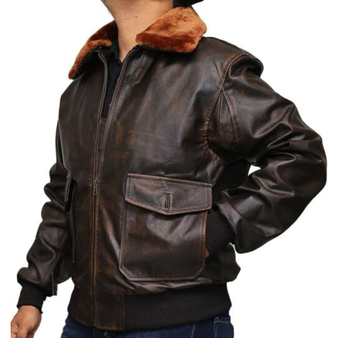 Chaqueta de Cuero Estilo Aviador para Hombre con Cuello Felpa