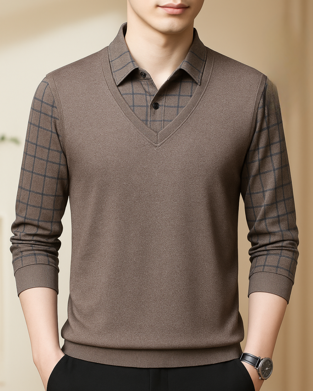 Camisa de Hombre con Diseño de Cuello en V y Mangas de Cuadros