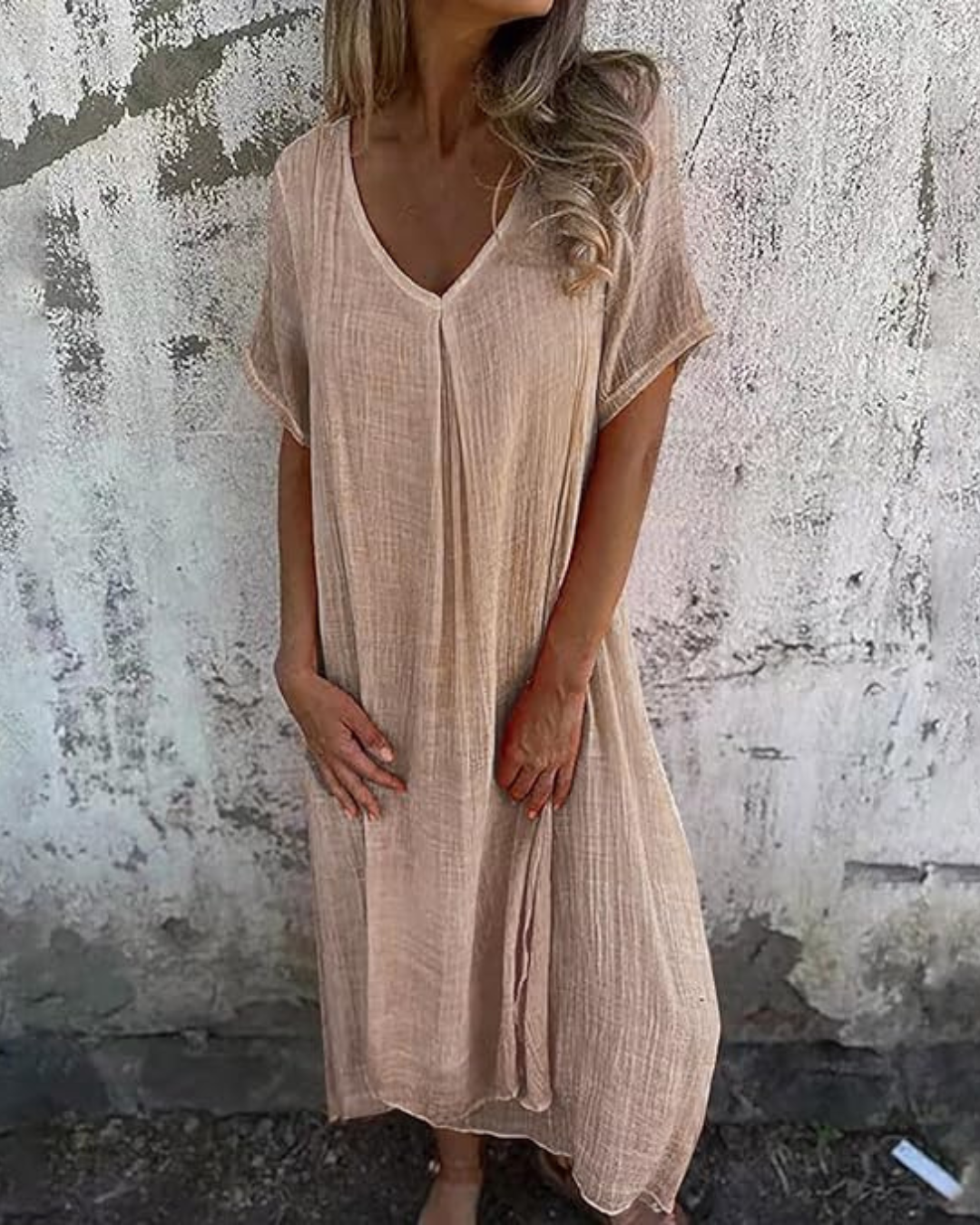 Vestido midi de algodón y lino con escote en V
