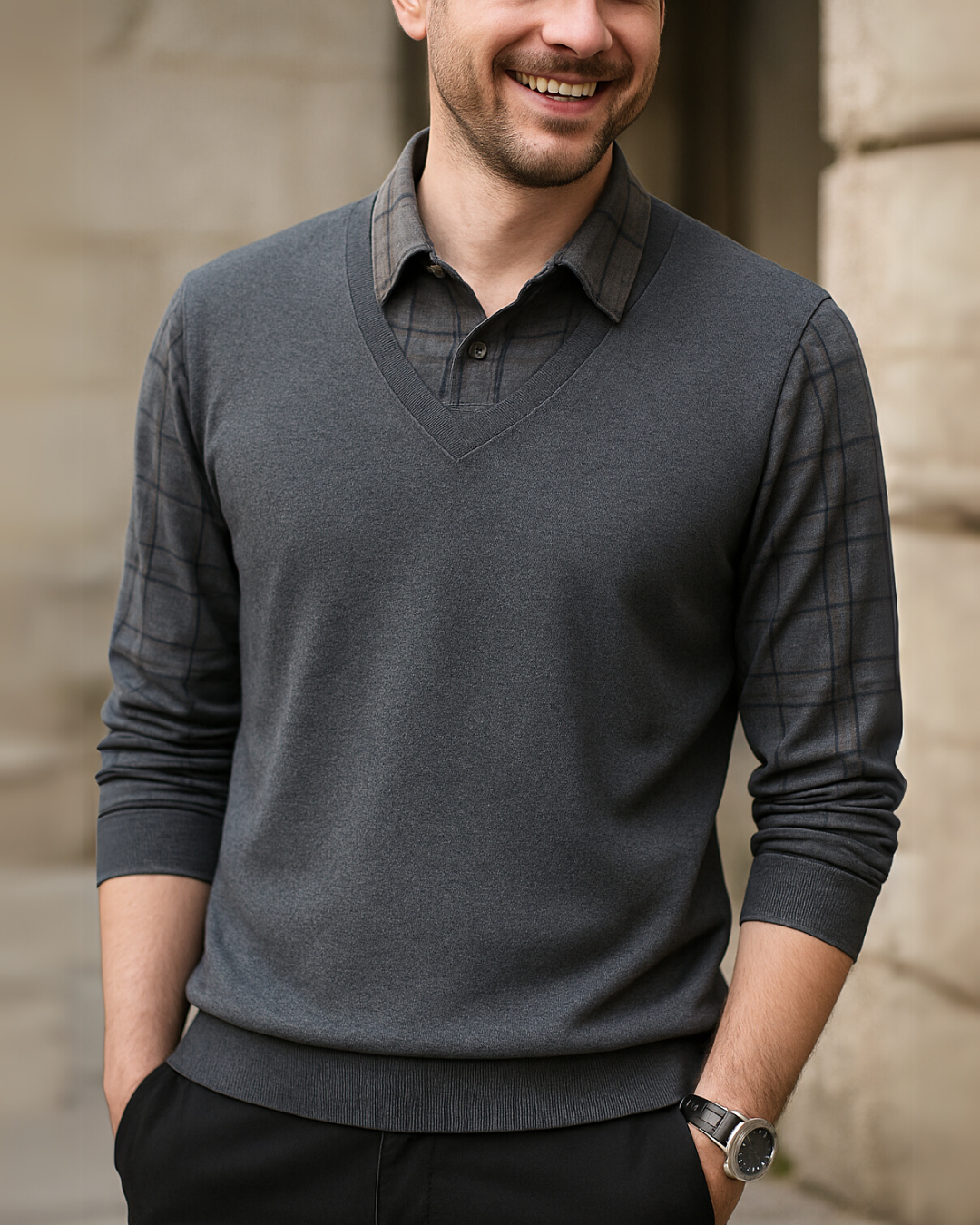Camisa de Hombre con Diseño de Cuello en V y Mangas de Cuadros