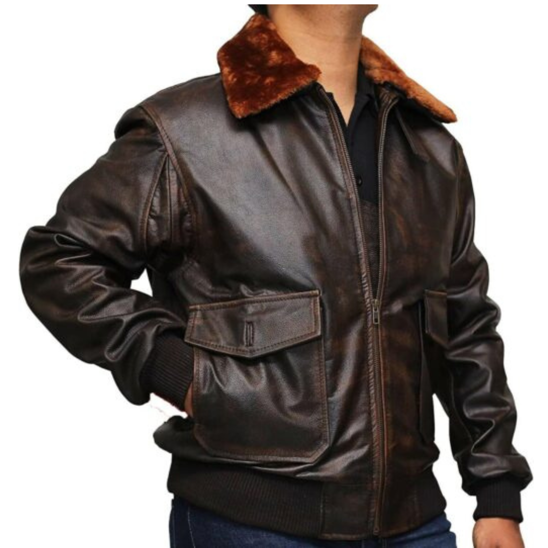 Chaqueta de Cuero Estilo Aviador para Hombre con Cuello Felpa