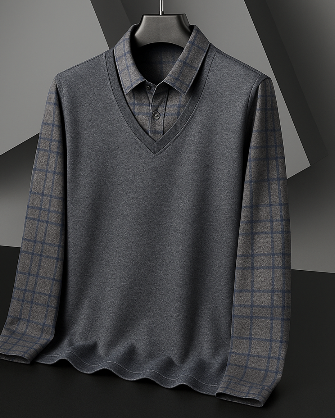 Camisa de Hombre con Diseño de Cuello en V y Mangas de Cuadros