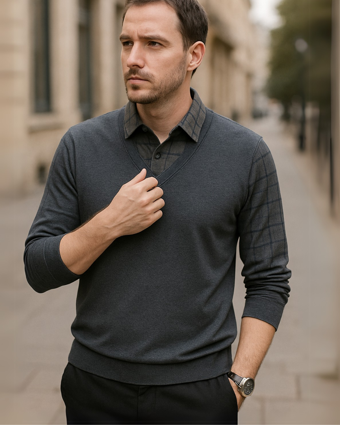 Camisa de Hombre con Diseño de Cuello en V y Mangas de Cuadros