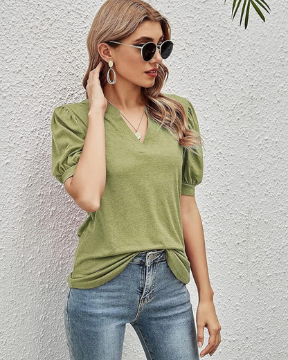 Camiseta elegante casual de manga corta abullonada con cuello en V para mujer