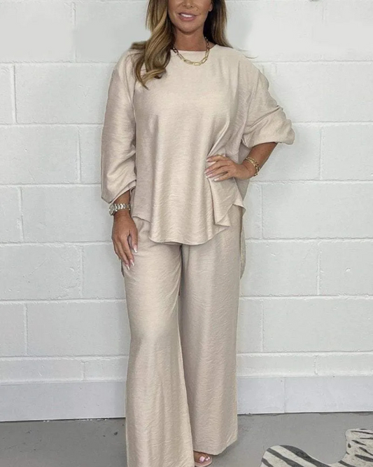 Conjunto Casual de Mujer con Blusa Asimétrica y Pantalón de Piernas Anchas