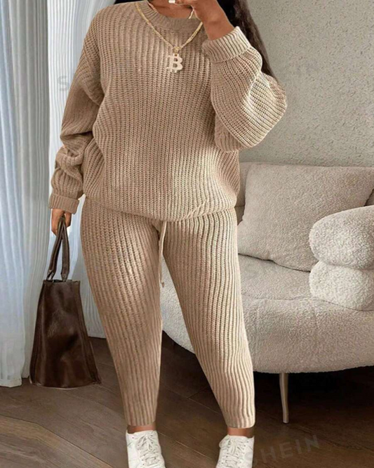 Conjunto Casual de Jersey de Manga Larga con Cuello Redondo y Pantalón Unicolor