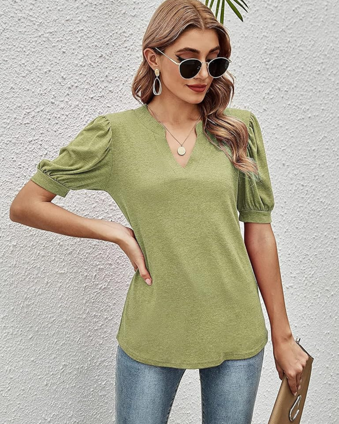 Camiseta elegante casual de manga corta abullonada con cuello en V para mujer