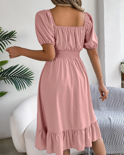 Vestido Elegante con Mangas Abullonadas y Escote Cuadrado