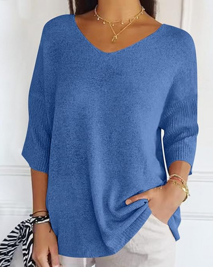 Blusa de Punto Ligera con Cuello en V y Manga Francesa para Mujer