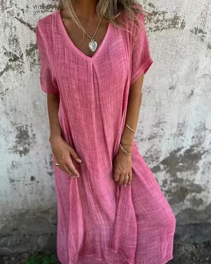 Vestido midi de algodón y lino con escote en V