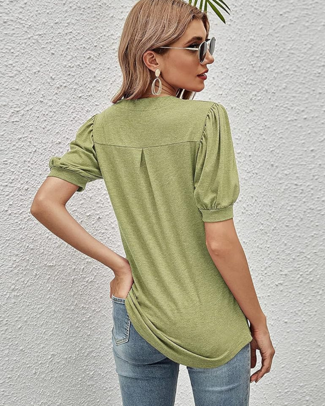 Camiseta elegante casual de manga corta abullonada con cuello en V para mujer
