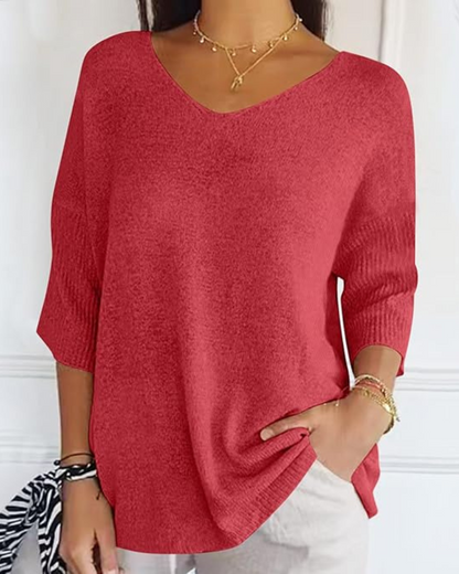 Blusa de Punto Ligera con Cuello en V y Manga Francesa para Mujer