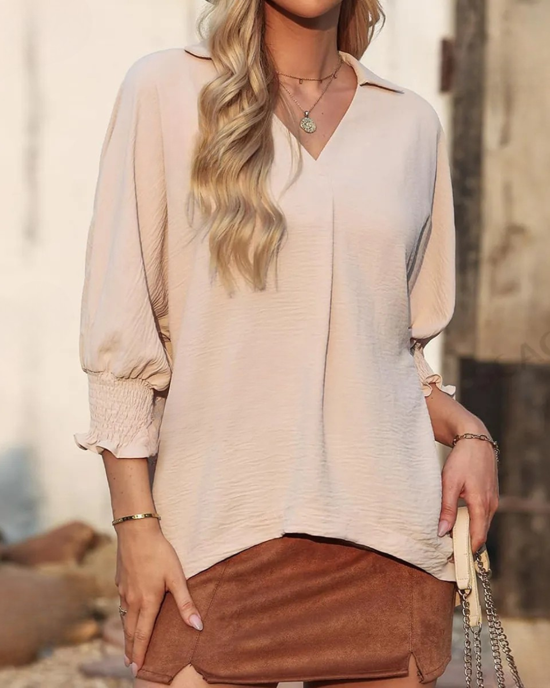 Blusa Casual de Mujer con Escote en V y Manga 3/4 de Corte Suelto