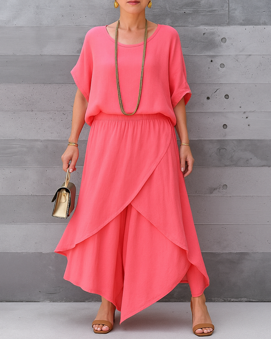 Conjunto de 2 Piezas con Blusa Holgada y Pantalón Ancho con Abertura