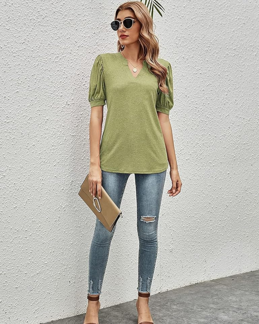 Camiseta elegante casual de manga corta abullonada con cuello en V para mujer