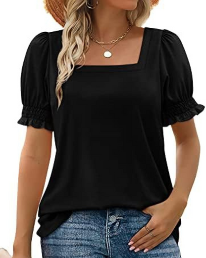Camiseta Casual de Mujer con Cuello Cuadrado y Manga Fruncida