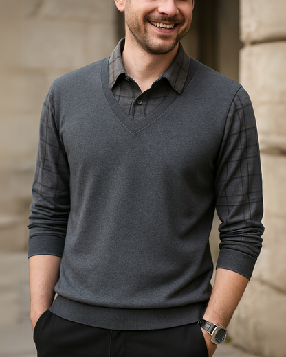 Camisa de Hombre con Diseño de Cuello en V y Mangas de Cuadros