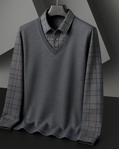 Camisa de Hombre con Diseño de Cuello en V y Mangas de Cuadros
