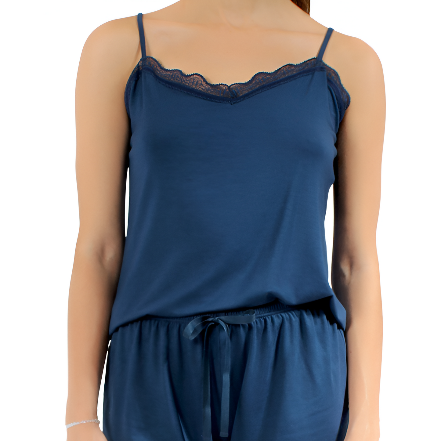 Conjunto Pijama de Seda con Tiras de Encaje
